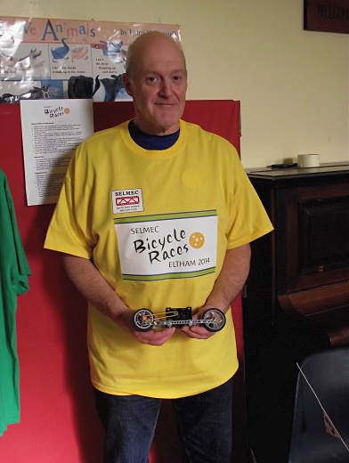 Chris Fry in his yellow jersey, having won it in one of our Bicycle Races at our show on 25th October 2014