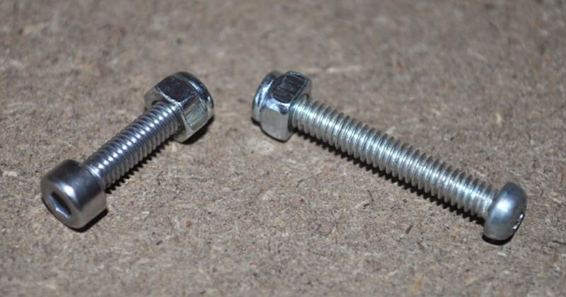 Nuts with nylon inserts L–R: M4 (on Screwfix 16mm M4 socket-headed bolt); modern Meccano — easily confused!