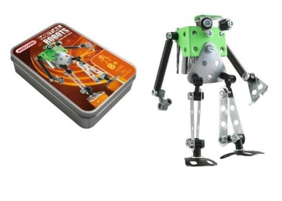 Green and silver robot with its tin