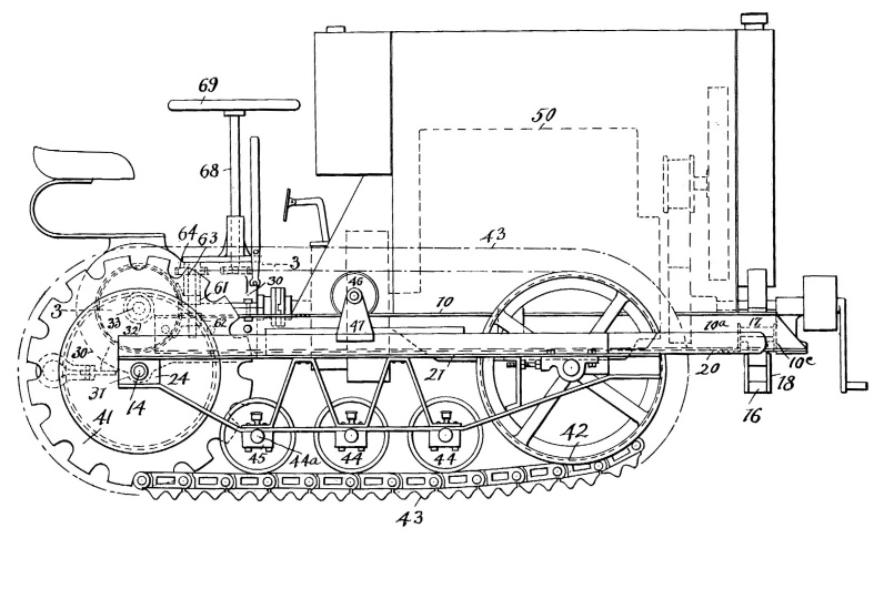 Figure 1: Side view of the Cletrac tractor in Rollin H. White’s patent