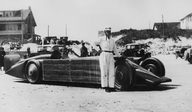 Henry Segrave pictured with Golden Arrow on Daytona Beach in 1929