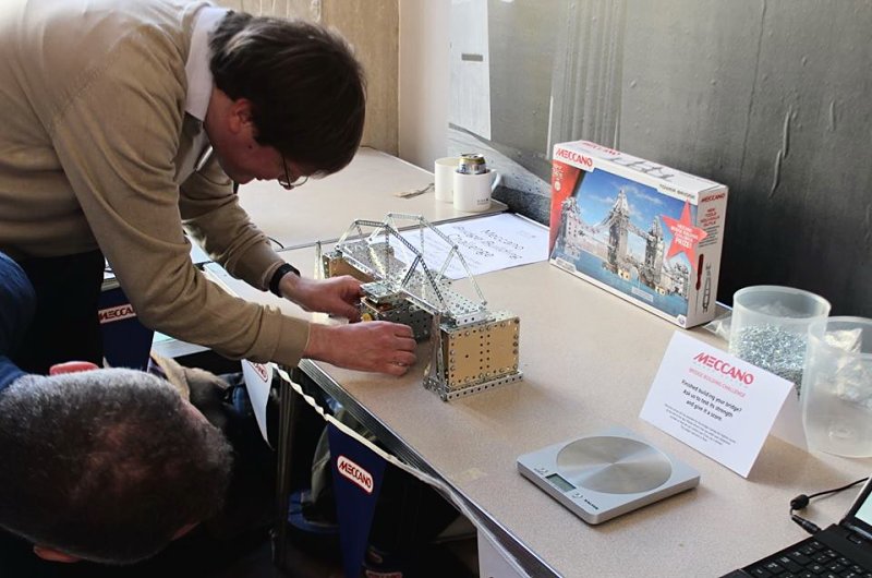 At the Meccano day at RIBA in 2016 Tim Surtell examines one of the entries for the bridge building competition
